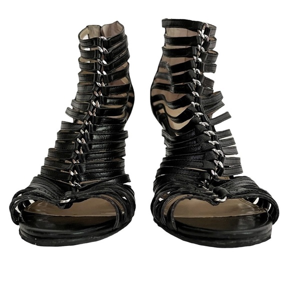 ENZO Angiolini Ginolfi Leather Peep Toe Gladiator Stiletto Heel Booties Black - Picture 7 of 16